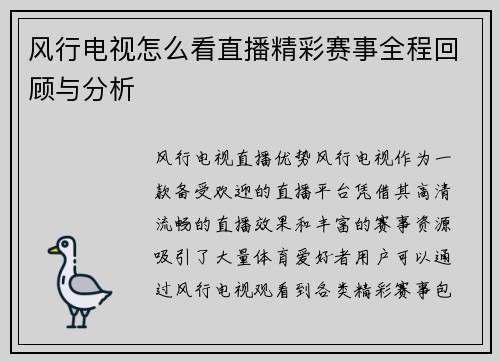 风行电视怎么看直播精彩赛事全程回顾与分析